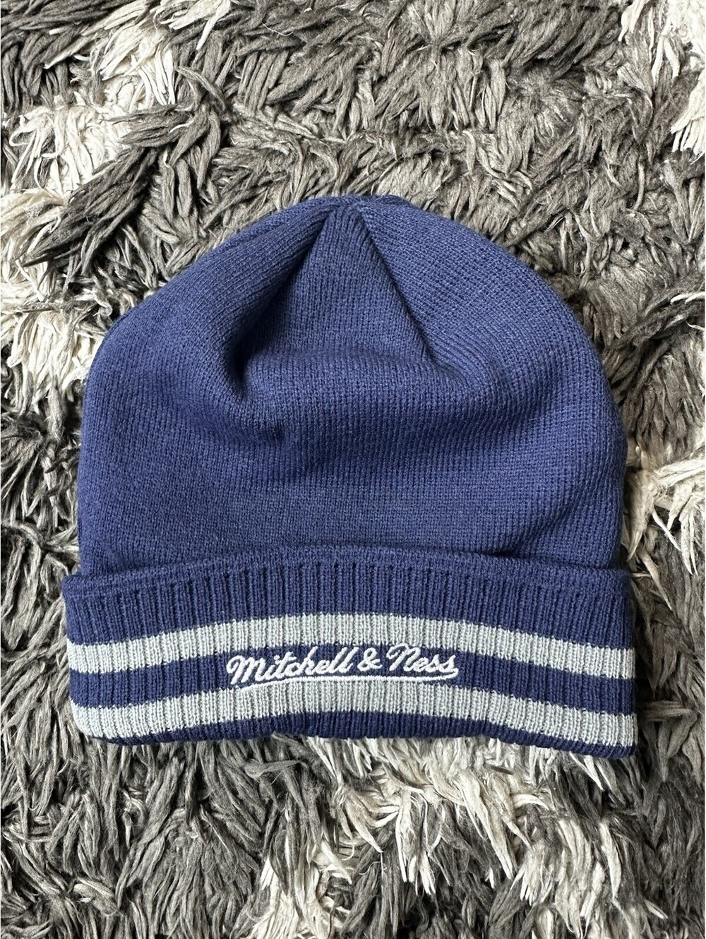 Mitchell & Ness Navy Blue Striped Cuffed Knit Beanie Hat Winter Cap